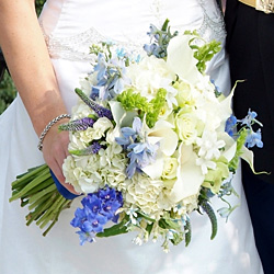 perla farms bridal bouquet white and blue